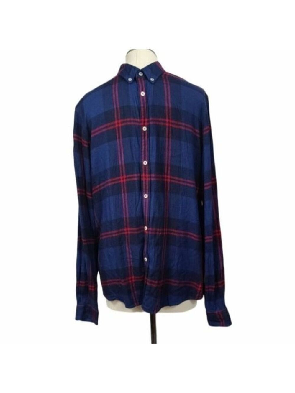 Zara Man Plaid Flannel Button Down Long Sleeve Relaxed Shirt Red & Blue L
